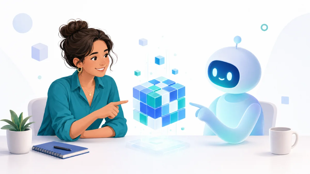 Human and friendly AI assistant collaborating at a desk