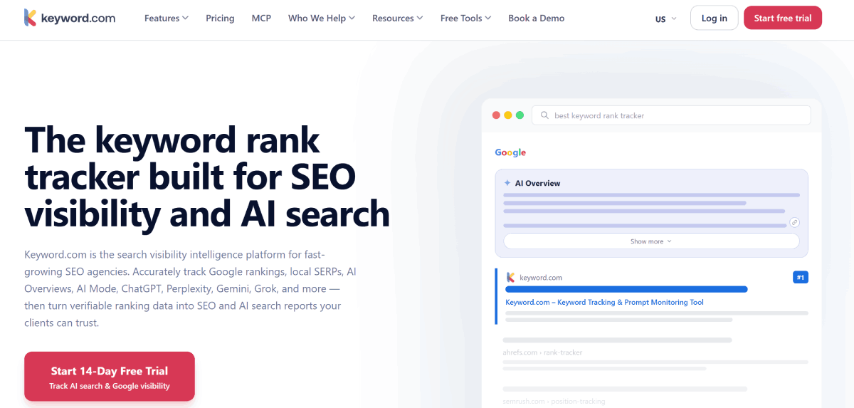 Keyword.com homepage — rank tracking and AI visibility for agencies