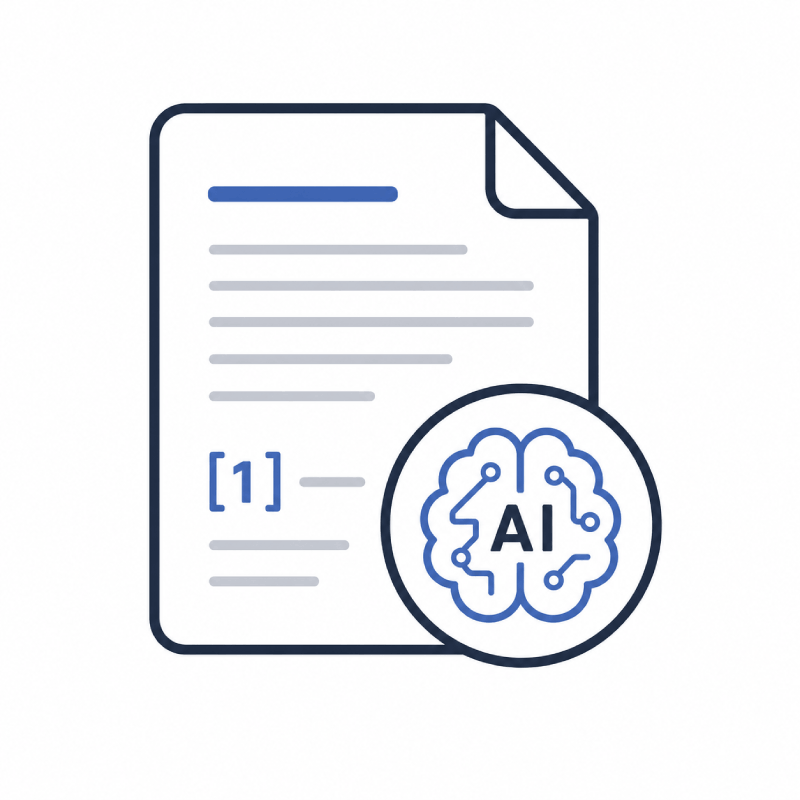 Icon showing a document, citation marker, and AI brain