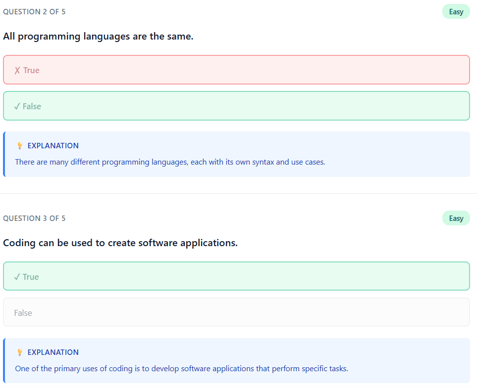 Quiz answers revealed with correct, incorrect, and AI explanations