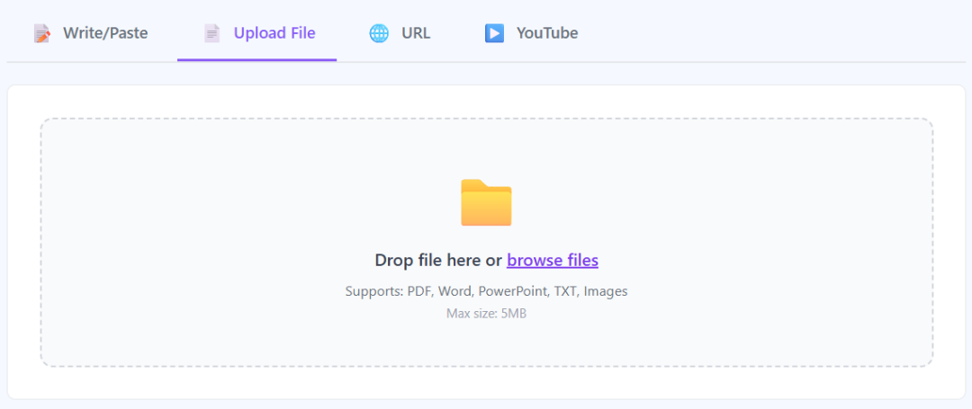 Upload PDF, Word, PowerPoint, or image files to create quizzes