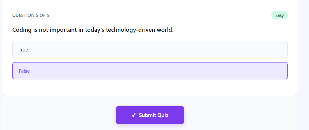 Submit quiz button to check answers and see score