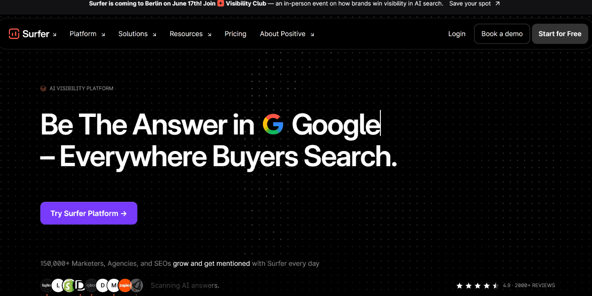 Surfer SEO homepage — content optimisation and AI search visibility platform