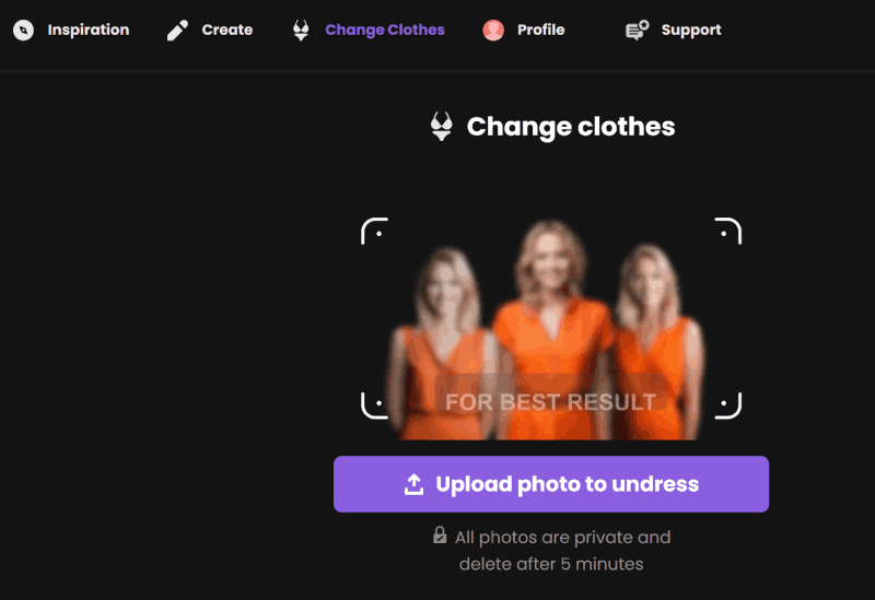 Undress AI v2 dashboard showing the upload interface and one-tap clothing edit workflow