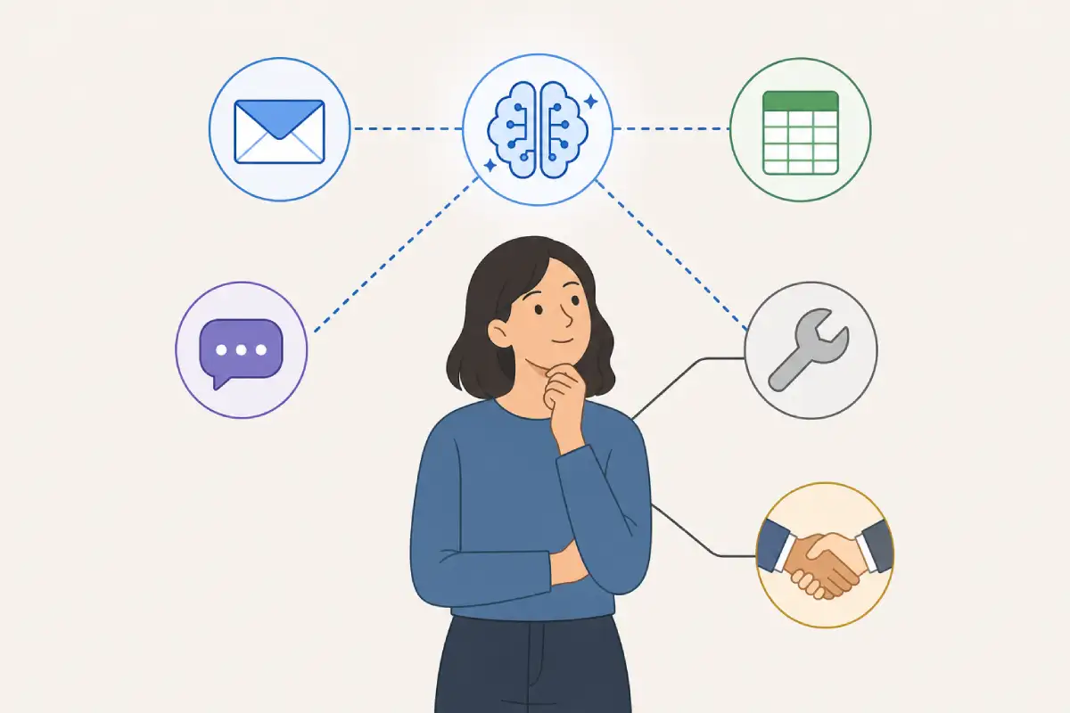 Worker at a desk using a laptop while a friendly abstract AI assistant floats beside them